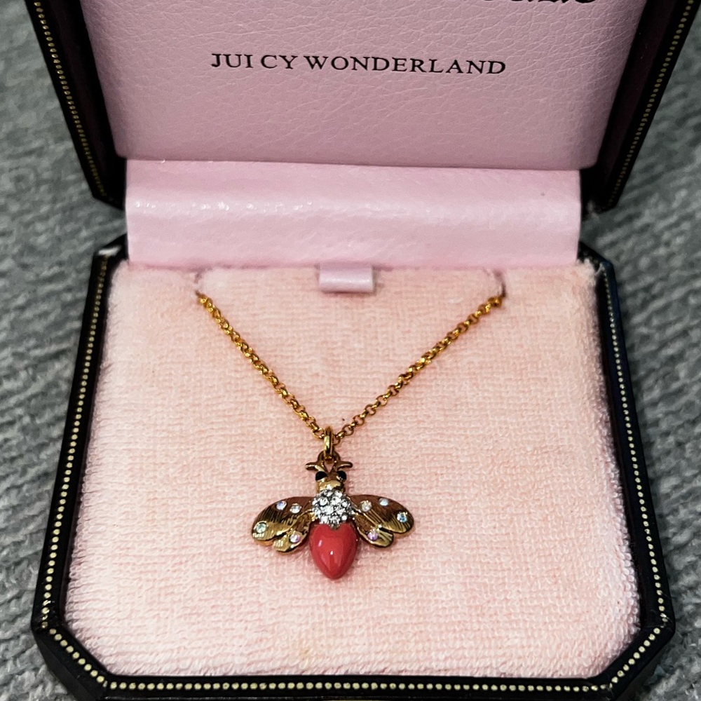 Juicy Couture Gold and Pink Jeweled Queen Bee Necklace - w/ Tags and Gift Box